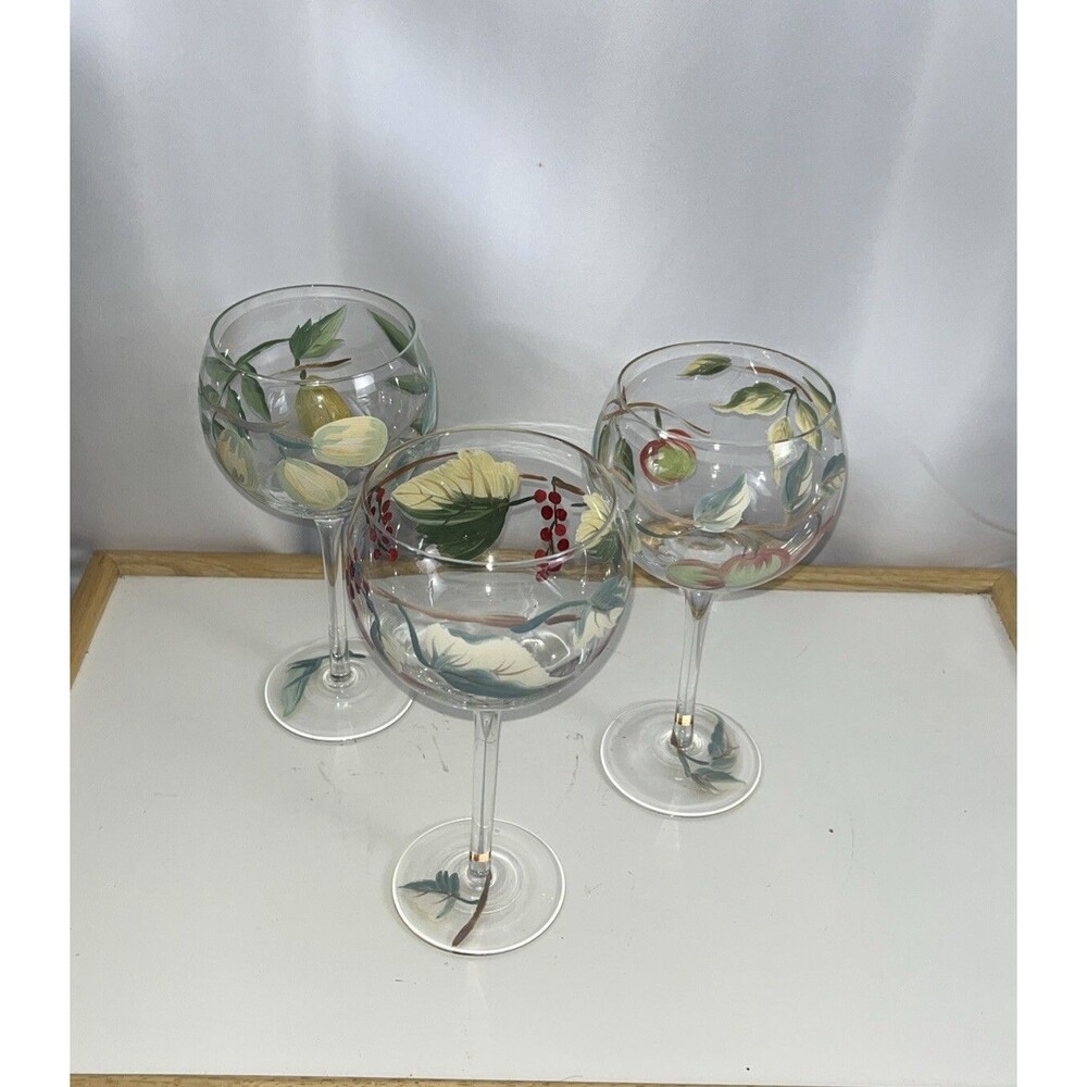 3 Hand Painted Wine Globet Leaves And Fruits 8.5 “ Tall Glass Unbranded